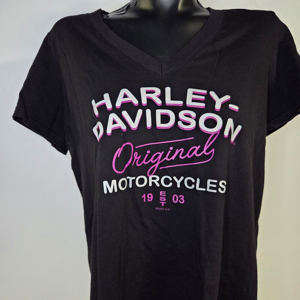 Harley Davidson Women's Short Sleeve T-shirt St. P Florida XL Black Purple Vneck